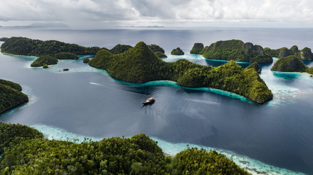 Aerial view of Wayag’s limestone formations in Raja Ampat, Indonesia